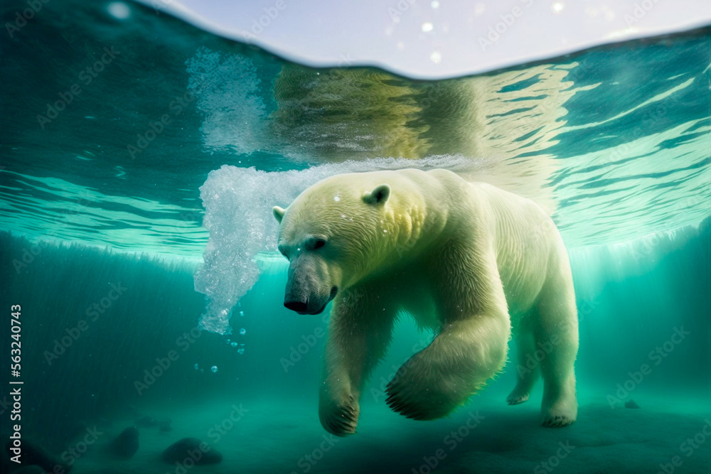 Close-up of a swimming white polar bear underwater looking at the camera. International polar bear day. Generative AI