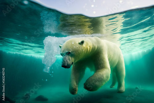 Close-up of a swimming white polar bear underwater looking at the camera. International polar bear day. Generative AI © Сергей Кураженко