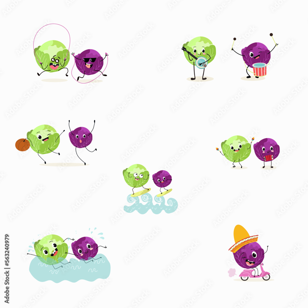 Obraz premium Illustration with funny set of cabbage, collection of characters doing sports, playing musical instruments, riding. Funny and healthy food. Cute face food, ingredients, vegetarianism, vector cartoon.