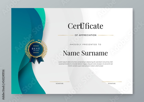 Modern elegant certificate template with blue and white color gradient. Certificate of achievement template with badge and border. Business award design template