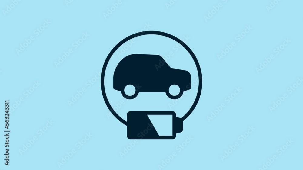 Blue Electric car and electrical cable plug charging icon isolated on blue background. Renewable eco technologies. 4K Video motion graphic animation Blue Electric car and electrical cable plug charging icon isolated on blue background. Renewable eco technologies. 4K Video motion graphic animation