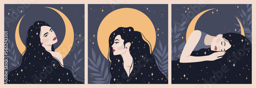 Set of posters with beautiful women and moon behind. Woman with long hair decorated with stars. Illustration about sleep, starry night, magic, peaceful, calm, esoteric.