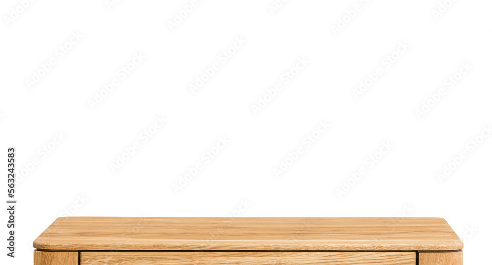 Wooden table top surface isolated over white background. Solid wood furniture close view 3D illustration. Empty table top cooking presentation template