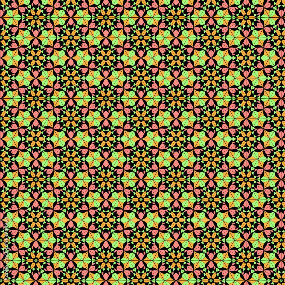 Abstract mosaic pattern with geometric flowers in bright green, orange, pink and black colors