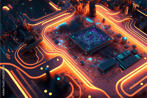 A Circuit Board, Cyber Space, RGB lighting, Yellow Lighting, Generative Ai