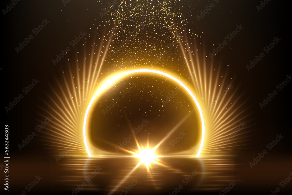 Gold light wings with star glowing on black background. Yellow bright flare lines shining vector illustration. Flash of light with ray beams and shade. Motion flow effects with blur