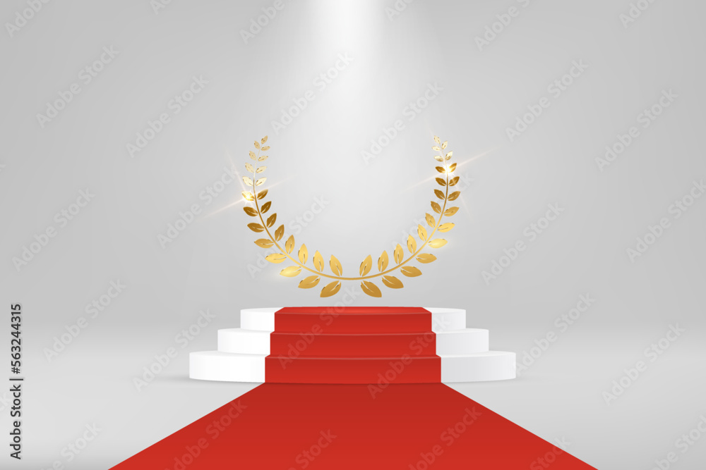 Gold laurel wreath award for winner on white podium with three steps ...
