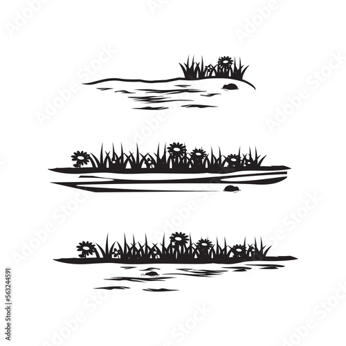 silhouette flower garden scene, green grass, natural pond