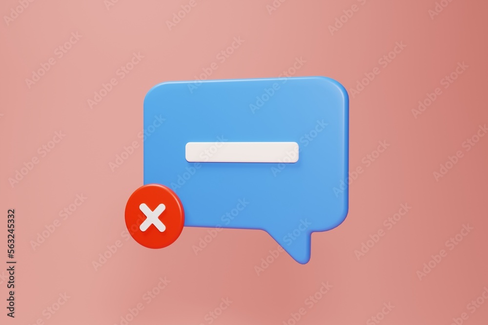 3d chat bubble icon. 3d rendering icon. stylize dialogue symbol with a red cross sign. canceled message icon.