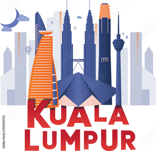 Canvas Print Kuala Lumpur culture travel set, Malaysia famous architectures, Asia in flat design