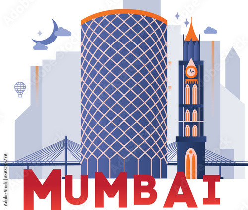 Mumbai culture travel set, famous architectures and specialties in flat design. Business travel and tourism concept clipart. Image for presentation, banner, website, advert, flyer, roadmap, icons