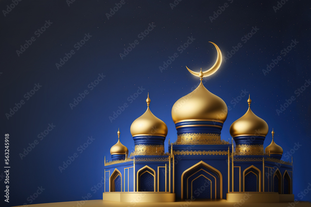 Ramadan Kareem Islamic Background, Royal Blue, Golden, mosque, Copy Space, Generative Ai
