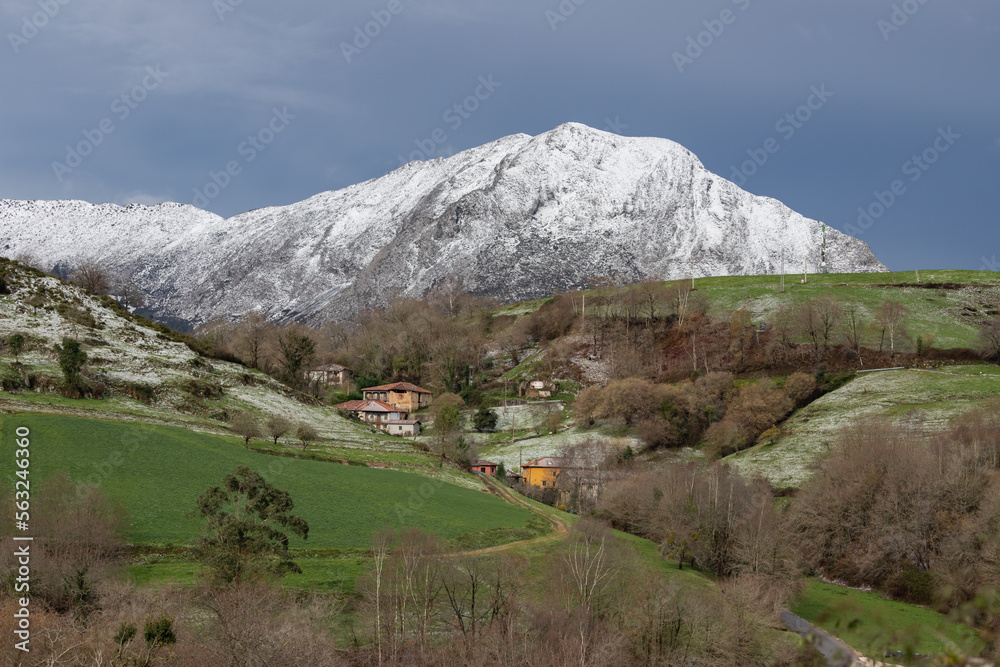 Rural getaway in nature in winter. Rural houses in a small village in the mountains. Secluded cabin vacation rental. Country getaway. Asturias, Spain.