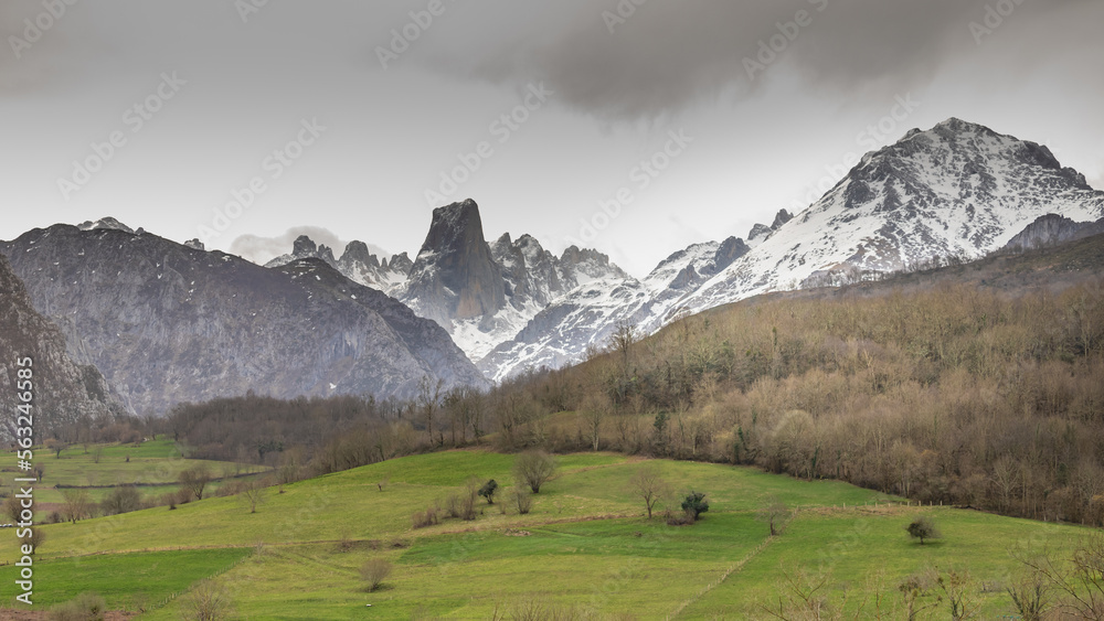 Beautiful mountain landscape. View of the Naranjo de Bulnes in the Picos de Europa National Park in Asturias, Spain.
