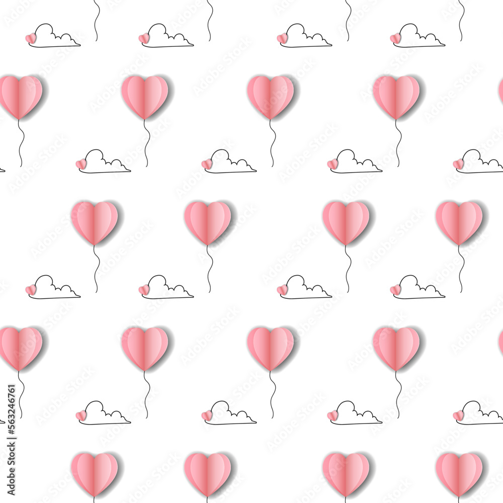 Heart balloons with a cloud painting on the sky. Happy Mother's Day or Valentine's Day greeting card design with a vector love seamless pattern.