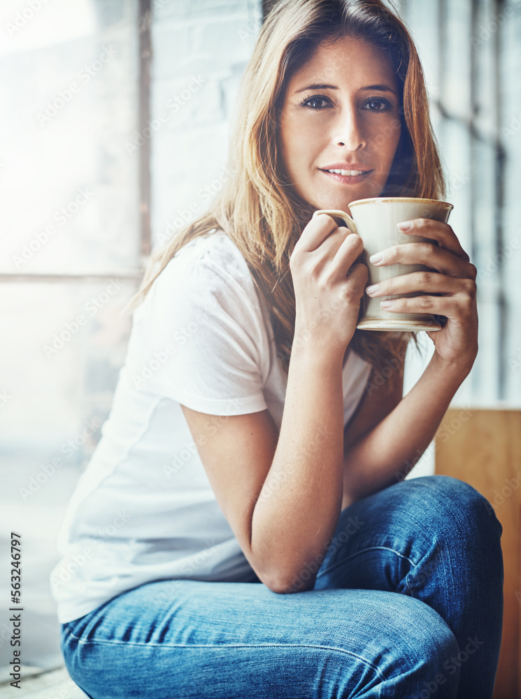 Coffee, portrait and woman smelling the aroma while relaxing in her home on a weekend morning. Happy, relax and female from Columbia smell the caffeine scent while enjoying a hot drink in her house. Coffee, portrait and woman smelling the aroma while relaxing in her home on a weekend morning. Happy, relax and female from Columbia smell the caffeine scent while enjoying a hot drink in her house.