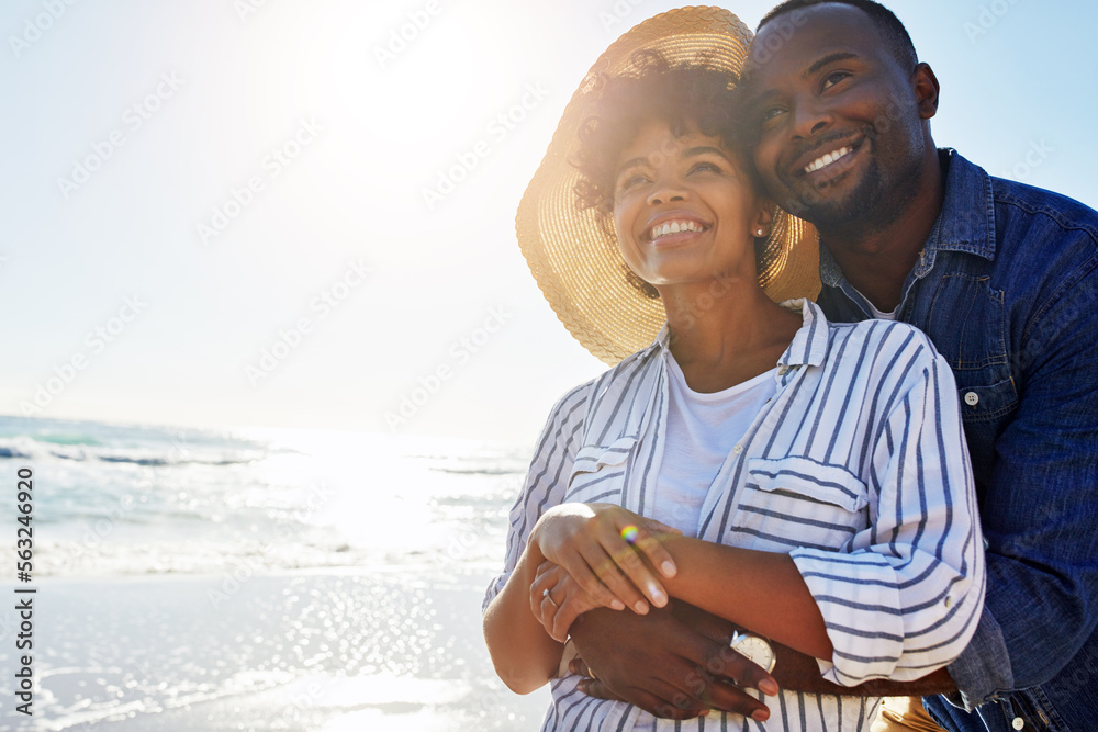 Beach hug, smile and black couple relax, travel and enjoy outdoor quality time together on Jamaica holiday mockup. Ocean sea water, blue sky flare and freedom peace mock up for happy bonding people - obrazy, fototapety, plakaty 