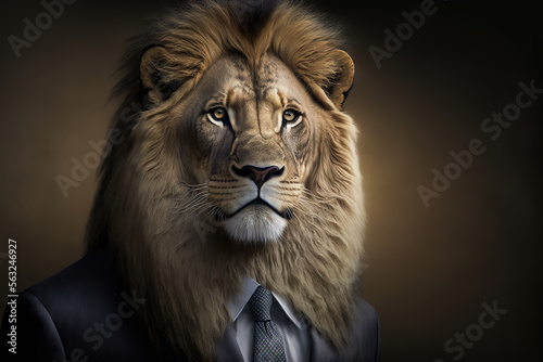 Portrait of a lion as a CEO of a company, created with Generative AI technology