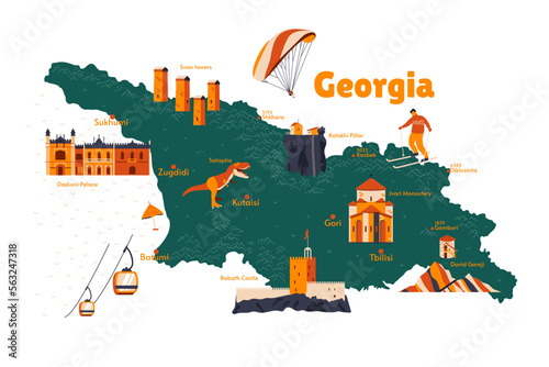 Vector map of Georgia. Sights. Historical places. Tourism. Cities. Guide. Tbilisi, Batumi, Svan Towers, Mounts Shkhara, Kazbek. Caucasus. Castle. Churches.  #563247318