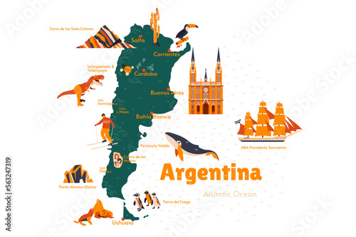 Vector map of Argentina. Sights. Historical places. Tourism. Guide. City. National park. Mountains. Perito Moreno Glacier. Terra del Fuego. La Plata. Buenos Aires. 