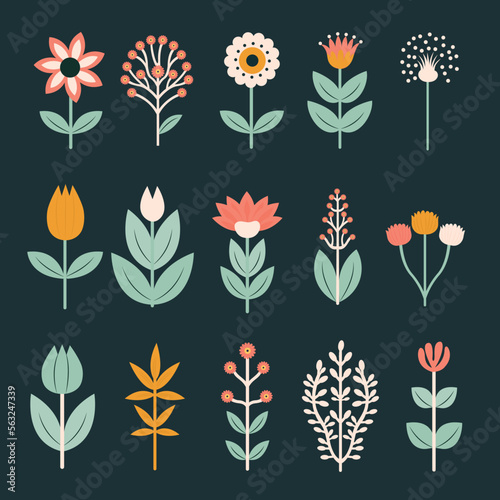 Illustration Of Floristic Flowers And Decorative Plants Set.