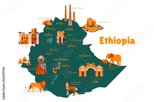 Vector map of Ethiopia. Sights. Historical places. Tourism. Cities. Guide. Addis Ababa. National park. Aksum. Dallol volcano. Lioness of Gobedra. Tribe. Fasil Ghebbi. Lalibela. photo