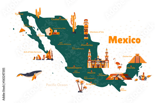 Vector map of Mexico. Attractions. Historical places. Tourism. Cities. Guide. North America. Acapulco. Chichen Itza. Atlanteans of Tula. Mexican mountains. Citlaltepetl. Popocatepetl. Teotihuacan.