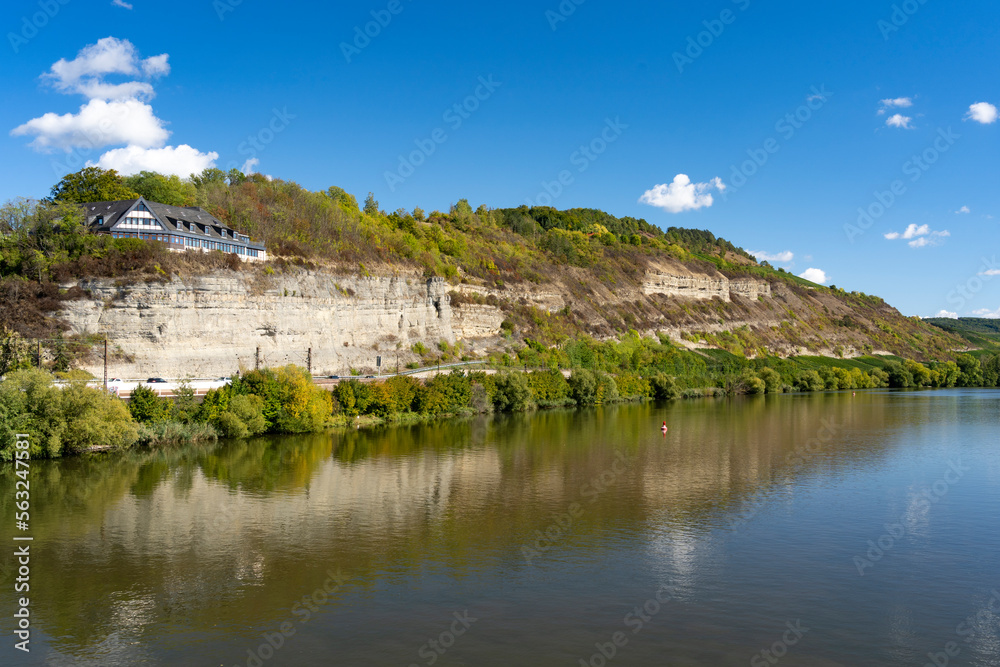 Fototapeta premium Blick auf den Mainprallhang und die Weinberge am Benediktusberg mit dem Naturschutzgebiet Tiertalberg bei Retzbach, Landkreis Main-Spessart, Unterfranken, Bayern, Deutschland.