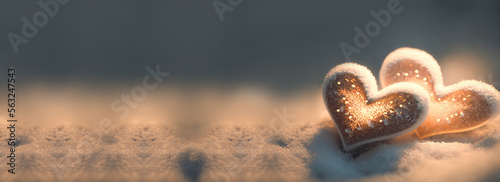 3D Render of Shiny Hearts On Snow Background And Copy Space. Love or Valentine's Day Concept.