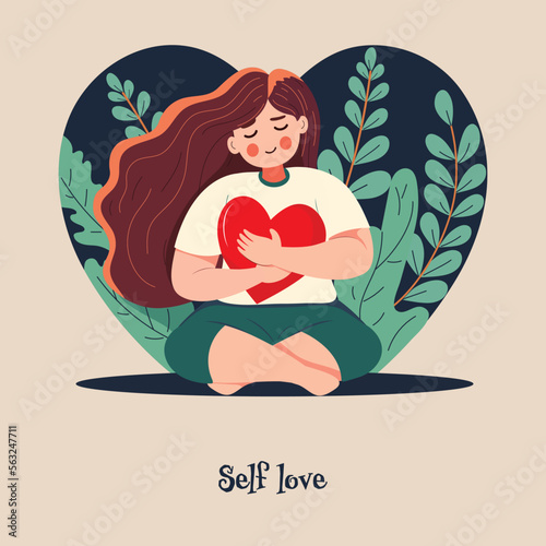 Young Girl Character Sitting And Hugging A Red Heart On Nature View For Self Love Concept. Valentine's Day Greeting Card.