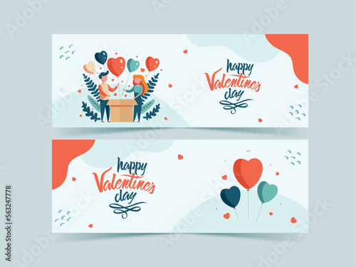 Set of Happy Valentine's Day Banner or Header Design With Young Couple Character Standing Near Suprise Box, Heart Balloons.