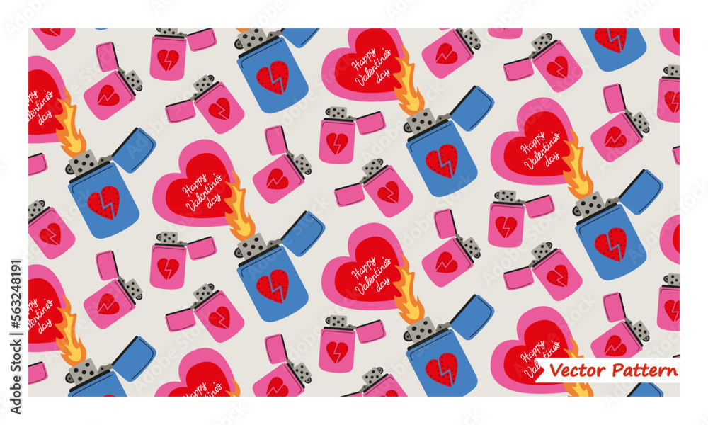 Anti love seamless pattern. Bad Valentines Day concept print. Pink and Red elements in trendy tattoo style. Heart, valentin, burn, lighter, lonely mood. Vector Illustration.