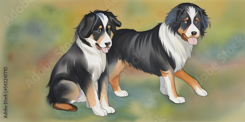 A beautiful painted watercolor aquarel of a Bernese Mountain Dog character in its natural habitat photo