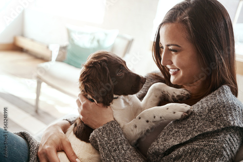 Photography Pet, smile and dog mom in a home on a living room couch with dog bonding with care