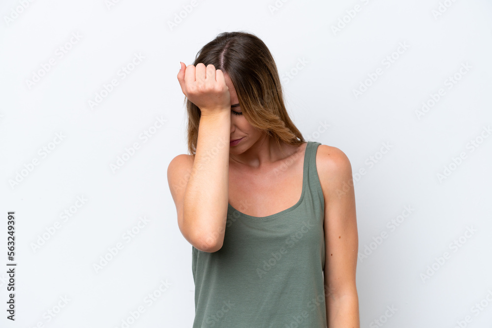 Young caucasian woman isolated on white background with headache Young caucasian woman isolated on white background with headache