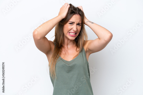 Young caucasian woman isolated on white background doing nervous gesture