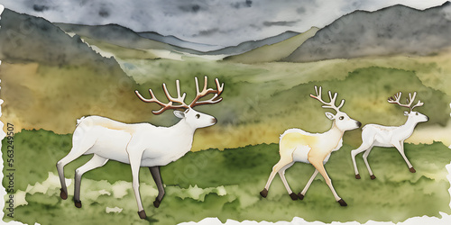 A beautiful painted watercolor aquarel of a Caribou character in its natural habitat photo