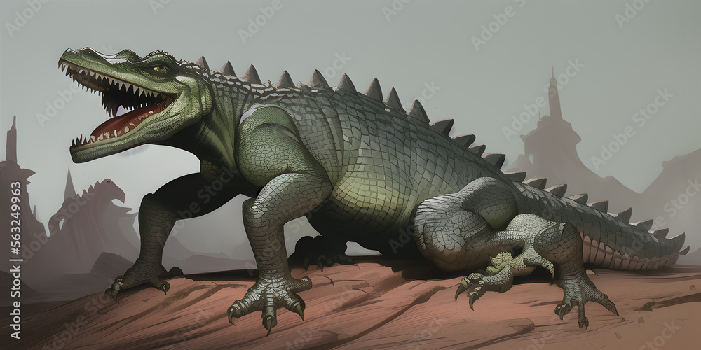 An epic cartoon illustration and digital painting of a Crocodile