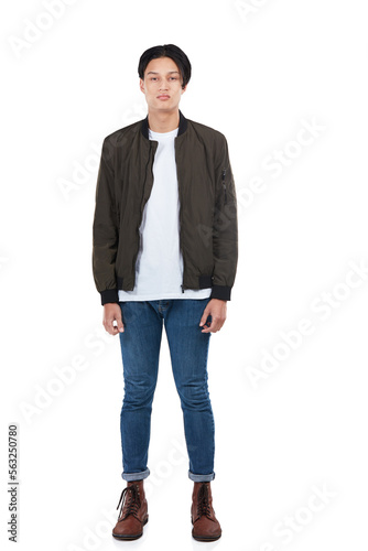 Young man, serious portrait and cool fashion clothes for gen z or edgy millennial standing in white background studio. Male, full body and bored, stern and trendy focus with blank facial expression