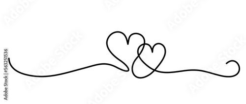 Two hearts continuous line drawing. Romantic continuous one line drawing connecting two hearts, love valentine sign. Hearts couple trendy one line abstract illustration. Love minimalist contour art.