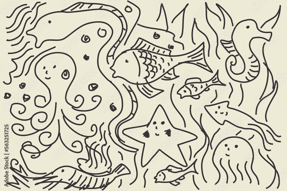 Illustration vector graphic of sea animals hand drawing style