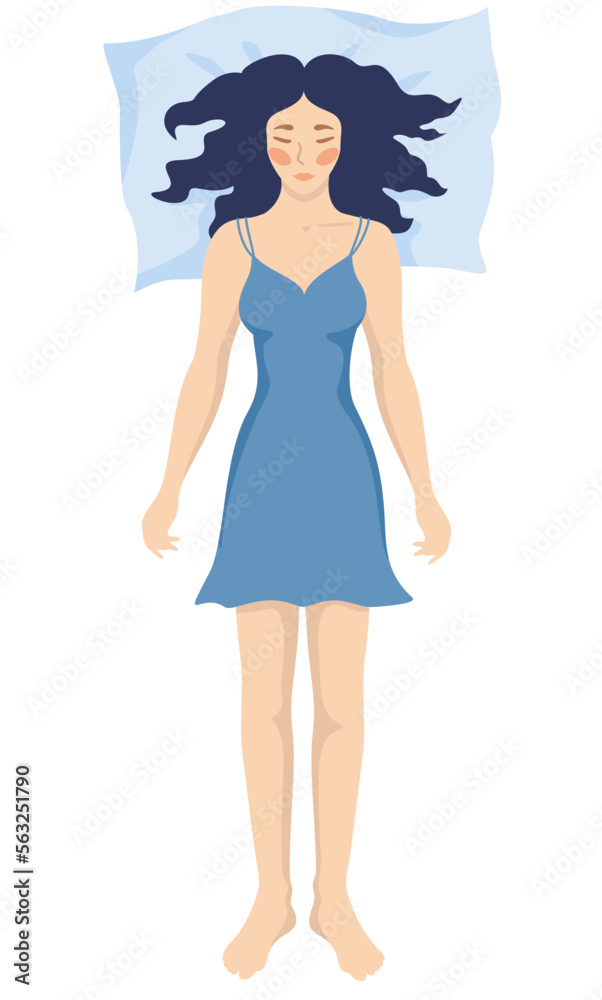 Young woman sleeping on her back. Female character relaxing during night slumber. Top view. Girl resting in comfortable position. Flat colorful vector illustration Young woman sleeping on her back. Female character relaxing during night slumber. Top view. Girl resting in comfortable position. Flat colorful vector illustration