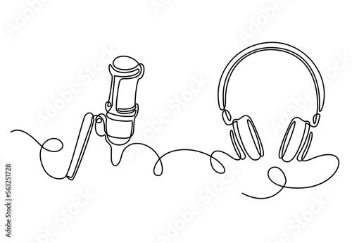 Continuous line drawing of Microphone and headphone. Music gadget mic and earphones devices in simple linear style. Editable stroke. One line vector illustration