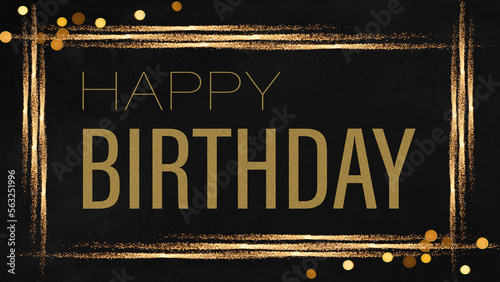 Festive happy birthday greeting card - Frame made of golden glitter stripes and bokeh lights with text, on dark black concrete texture background