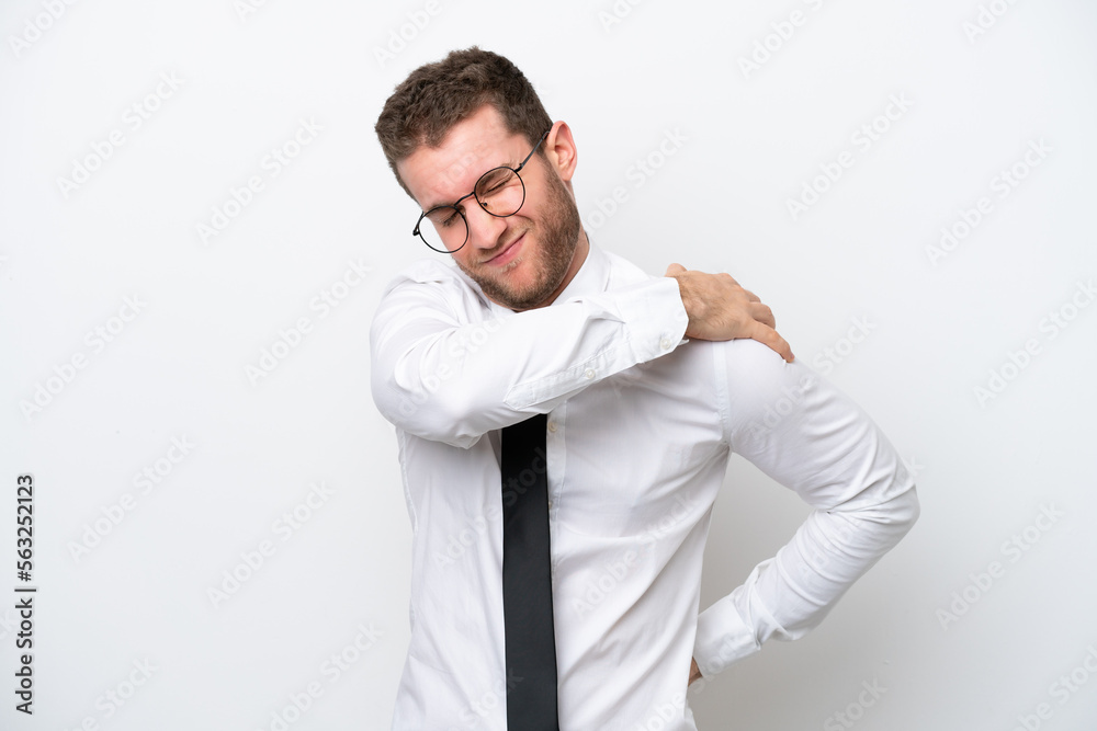 Young business caucasian man isolated on white background suffering from pain in shoulder for having made an effort Young business caucasian man isolated on white background suffering from pain in shoulder for having made an effort