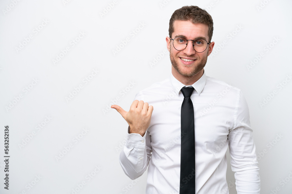 Young business caucasian man isolated on white background pointing to the side to present a product Young business caucasian man isolated on white background pointing to the side to present a product