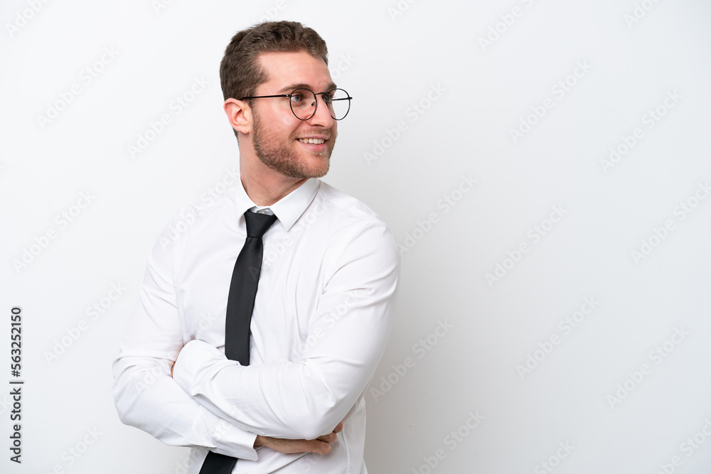 Young business caucasian man isolated on white background with arms crossed and happy Young business caucasian man isolated on white background with arms crossed and happy