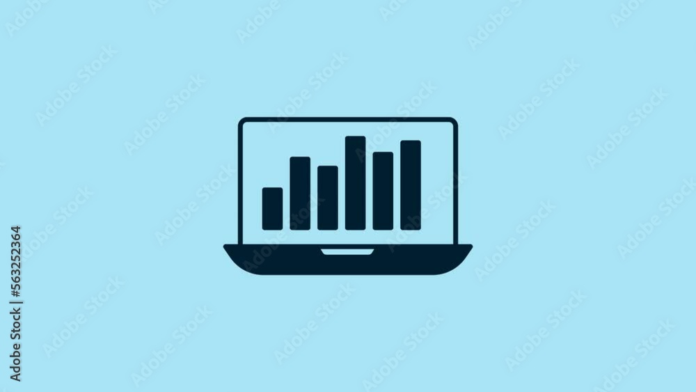 Blue Laptop with graph chart icon isolated on blue background. Report text file icon. Accounting sign. Audit, analysis, planning. 4K Video motion graphic animation Blue Laptop with graph chart icon isolated on blue background. Report text file icon. Accounting sign. Audit, analysis, planning. 4K Video motion graphic animation