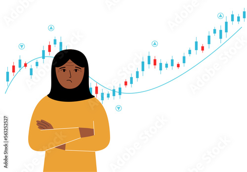 A arab woman on the background of a Forex chart. Conceptual illustration on the topic of strategic planning in trading on the stock exchange.