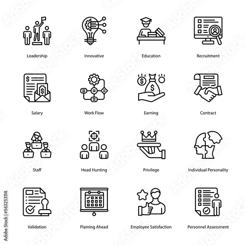 Leadership, Innovative, Education, Recruitment, Salary, Work Flow, Earning, Contract, Staff, Head Hunting, Privilege, Individual Personality, Validation, Outline Icons - Stroked, Vectors